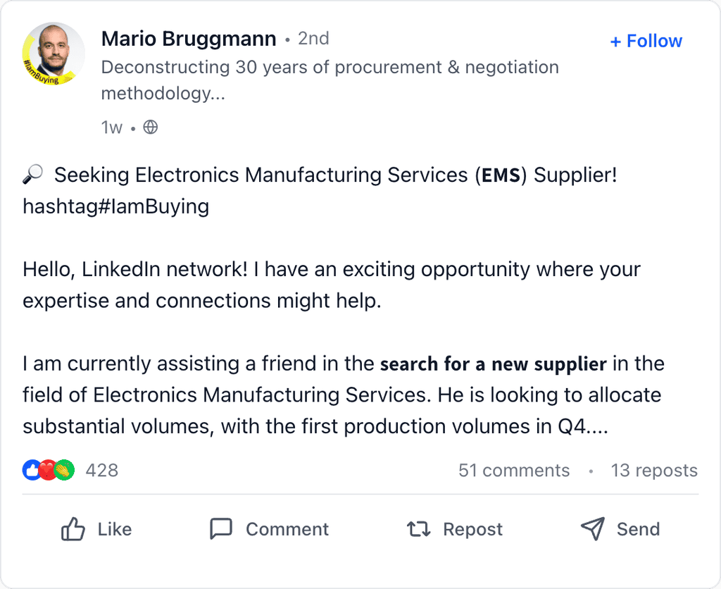 mario bruggmann linkedin post supplier search
