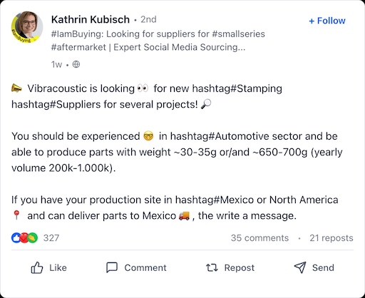 Kathrin Kubisch Searching Supplier on LinkedIn using #SocialProcurement