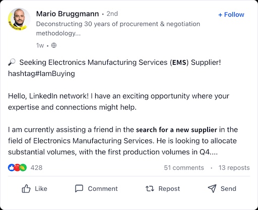 Mario Bruggmann LinkedIn Supplier Sourcing Post